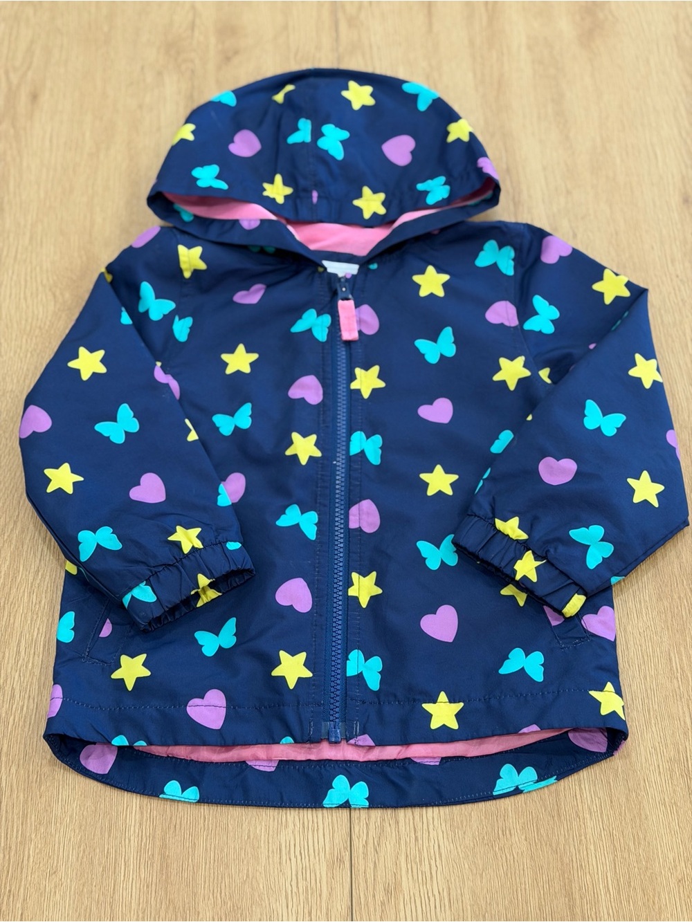 Navy Kids' Hooded Rain Jacket with Hearts, Stars & Butterflies